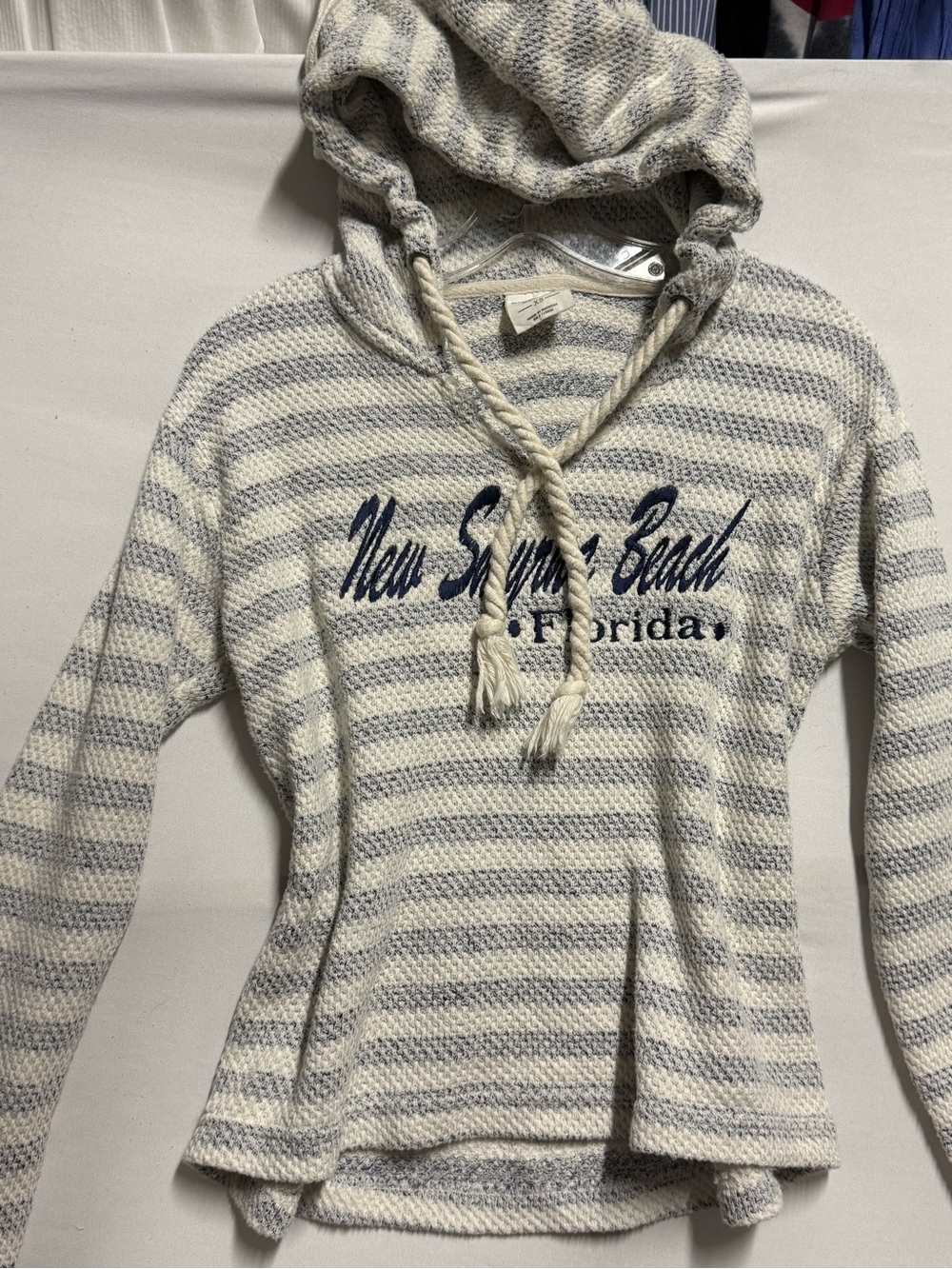 Striped Hooded Lite Sweatshirt Cream & Gray - New Smyrna Beach Florida XS - Picture 9 of 12